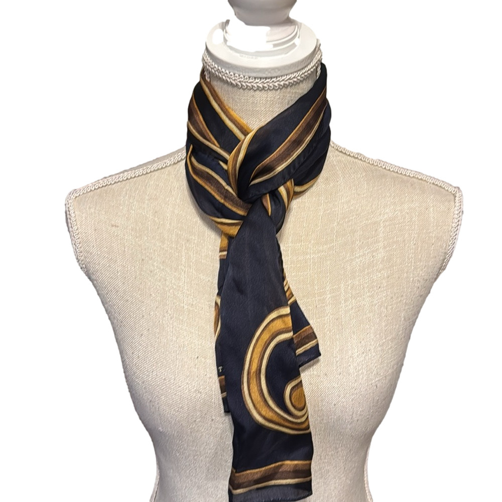 Ellen Tracy 100% Silk Rectangular Scarf With Gold Scroll Design